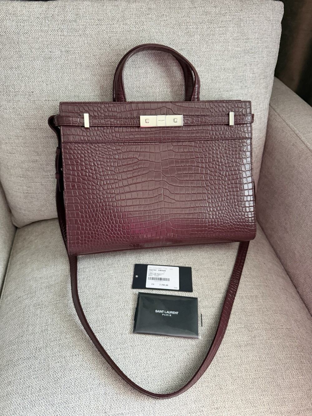 Saint Laurent Manhattan Tote Crocodile Embossed Burgundy Leather Small Bag Strap